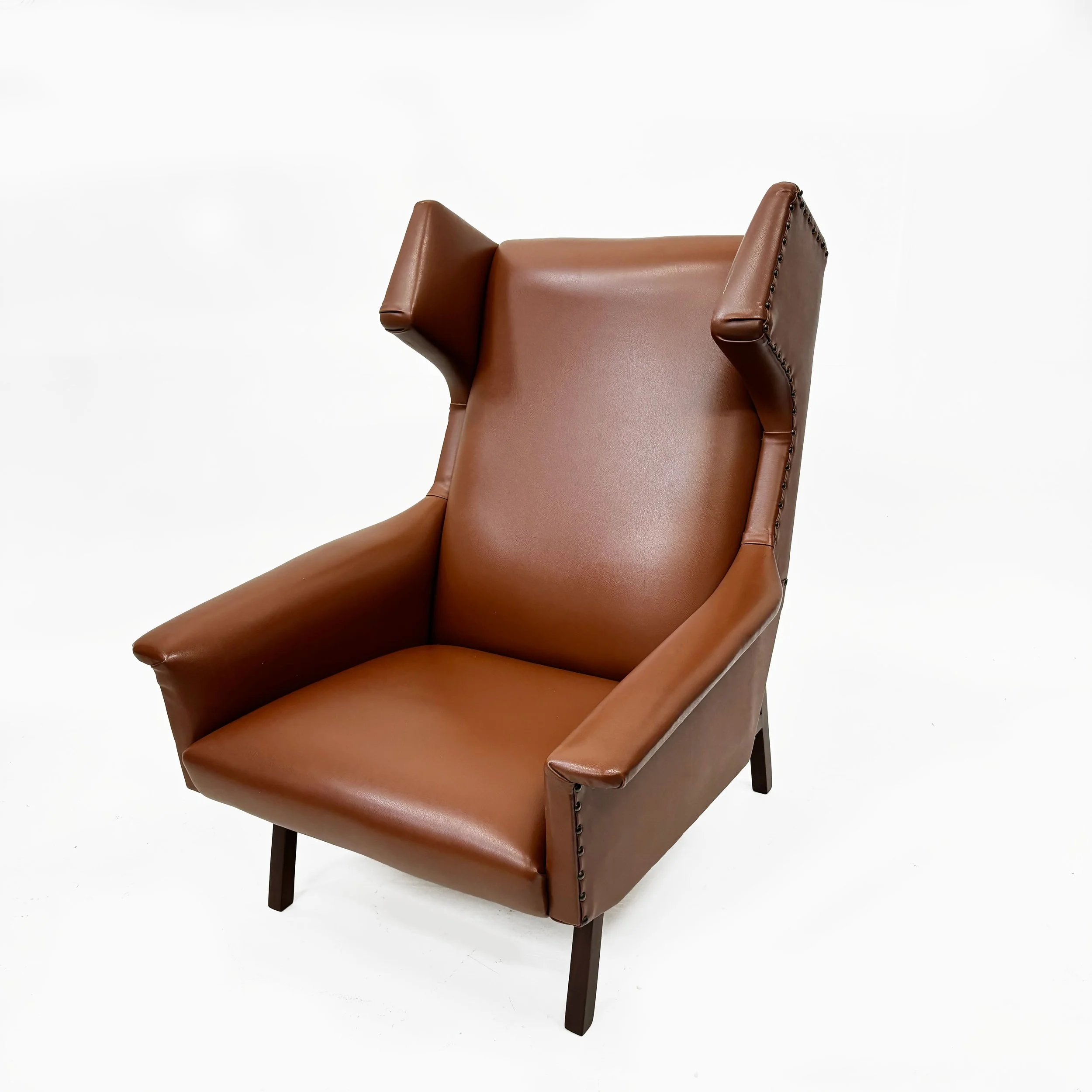 Italian Designer, High Back Chair, Leather,  Wood, Italy, 1950s