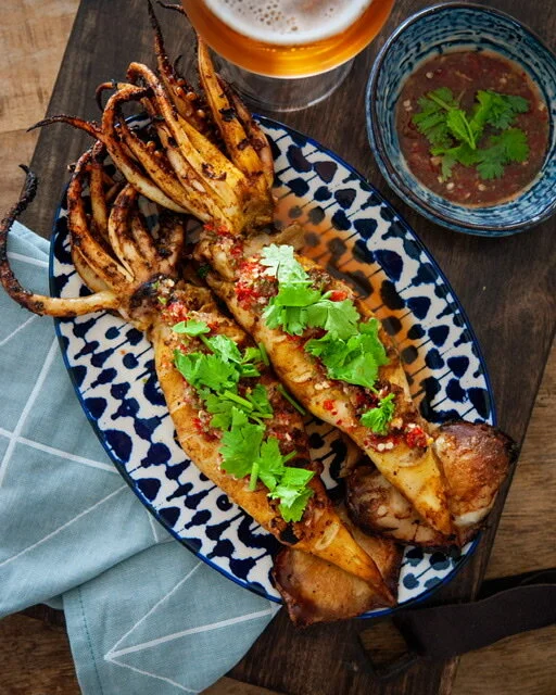 Grilled Squids with Spicy Seafood Dip