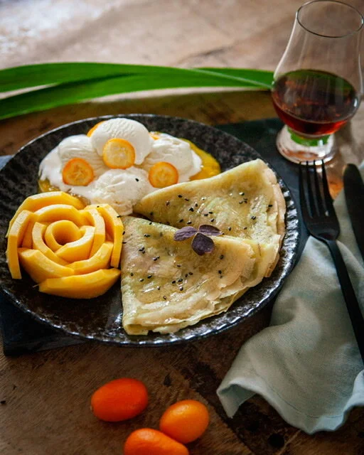 Coconut Crepe with Coconut Ice-cream and Mango Sauce 