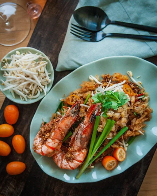 Crispy Noodle in Tamarind and Kumquat Caramel Sauce with King Prawns