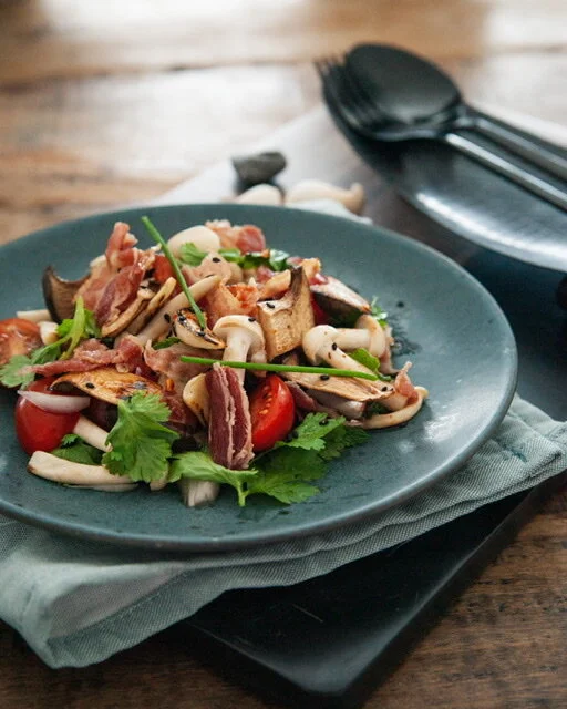 Grilled Japanese Mushroom Salad with Crispy Bacon