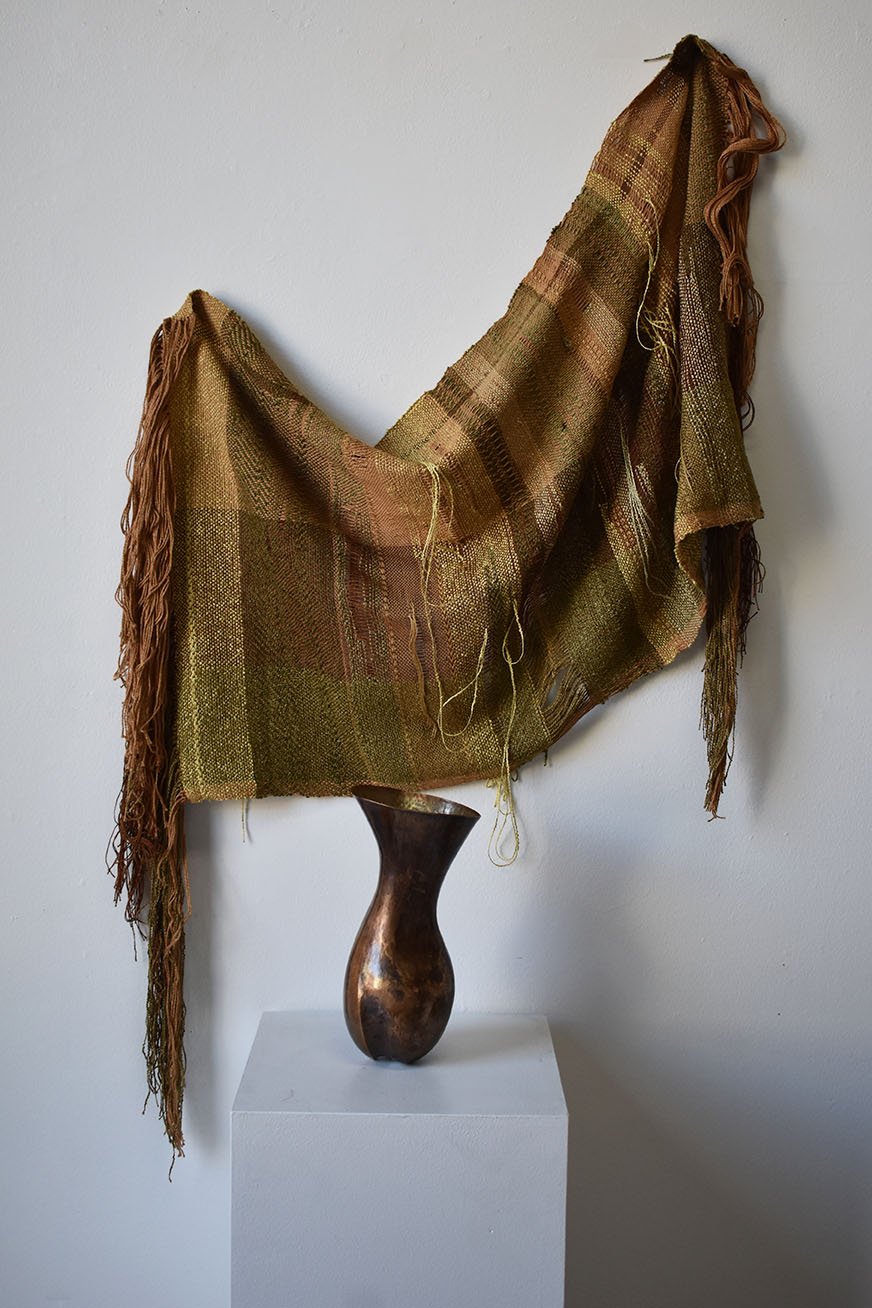 Metamorphosis. 2022./ 2023, 27”x 47”, fibers, 5” x 5” x 10.75”, bronze