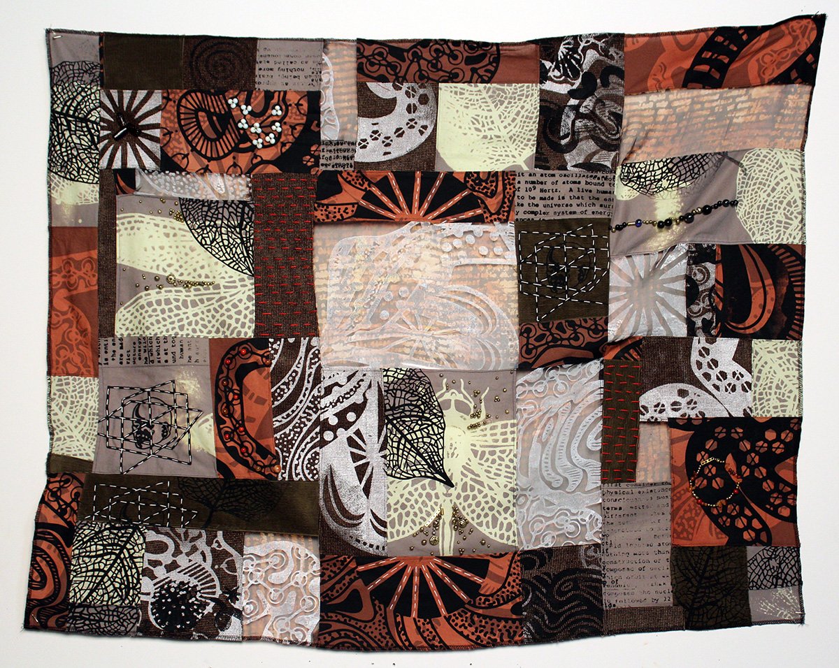 All Over The Place, 2022, Organza, Kona Cotton, Corduroy, Upholstery Fabric, Pigment, Thread, Beads, 33 x 41 in.