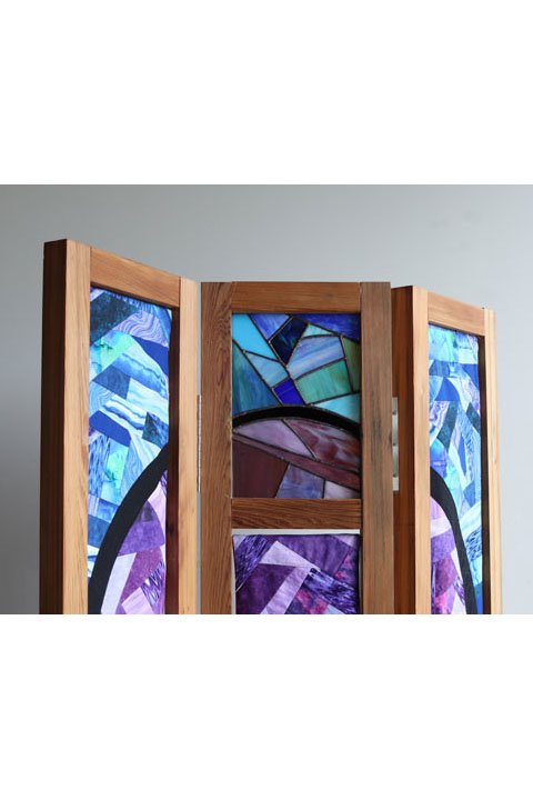 Room Divider (detail), 2021, cypress wood, fabric, stained glass, metal hinges, 72 x 39 x 2 in.