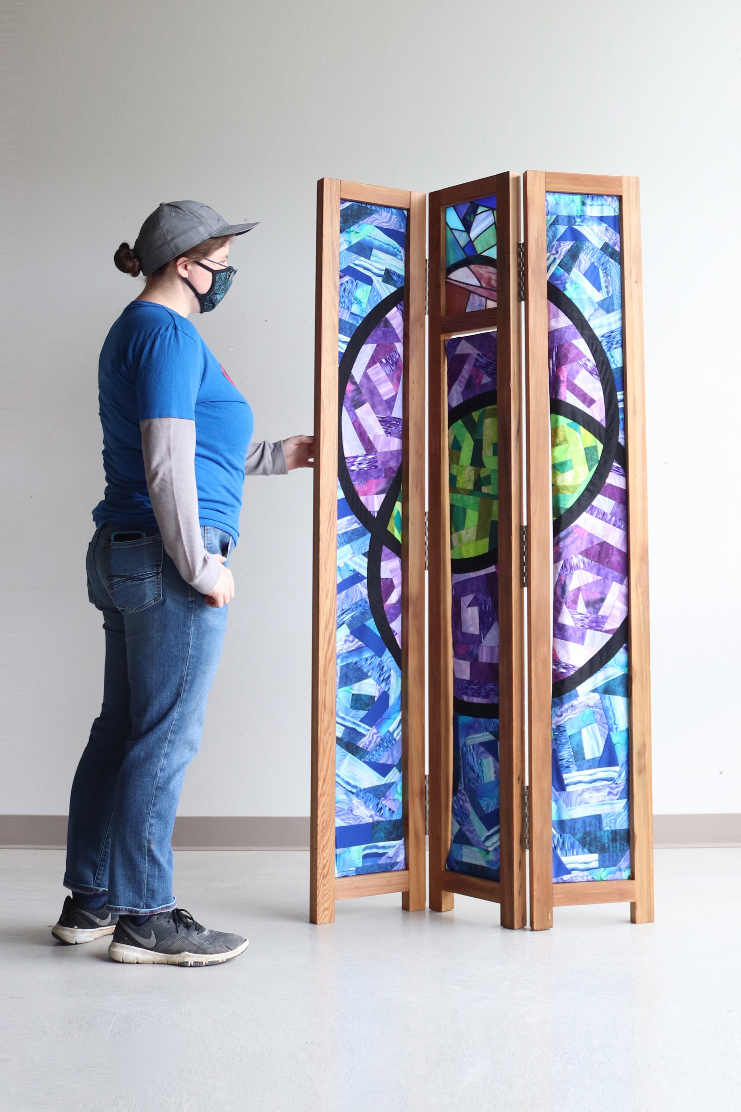Room Divider, 2021, cypress wood, fabric, stained glass, metal hinges, 72 x 39 x 2 in.