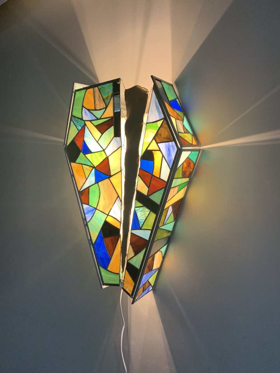 Sconce, 2021, stained glass, leather, wood, bulbs, 22 x 33 x 5 in.