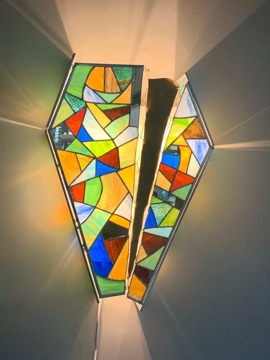 Sconce, 2021, stained glass, leather, wood, bulbs, 22 x 33 x 5 in.