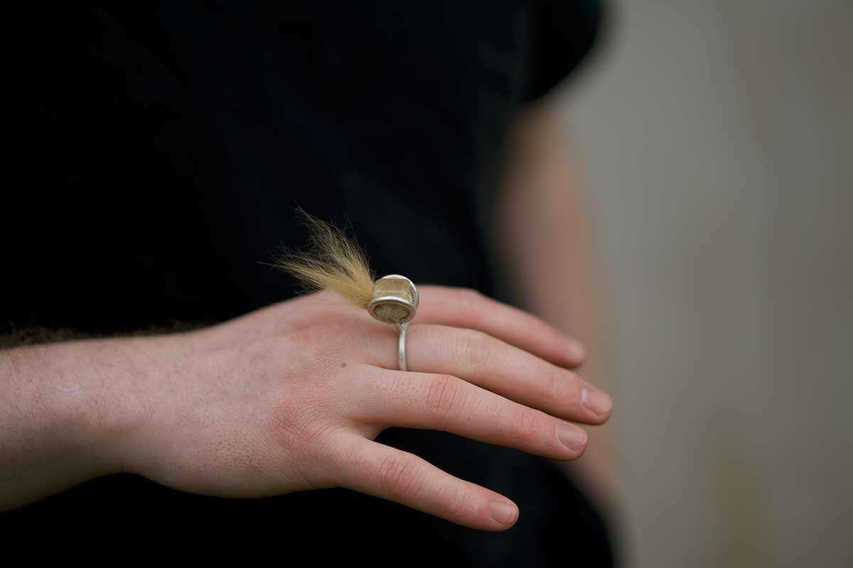 Slight Breeze, 2022 Sterling silver, cat hair, rutilated quartz
2” x 1” x 1”
