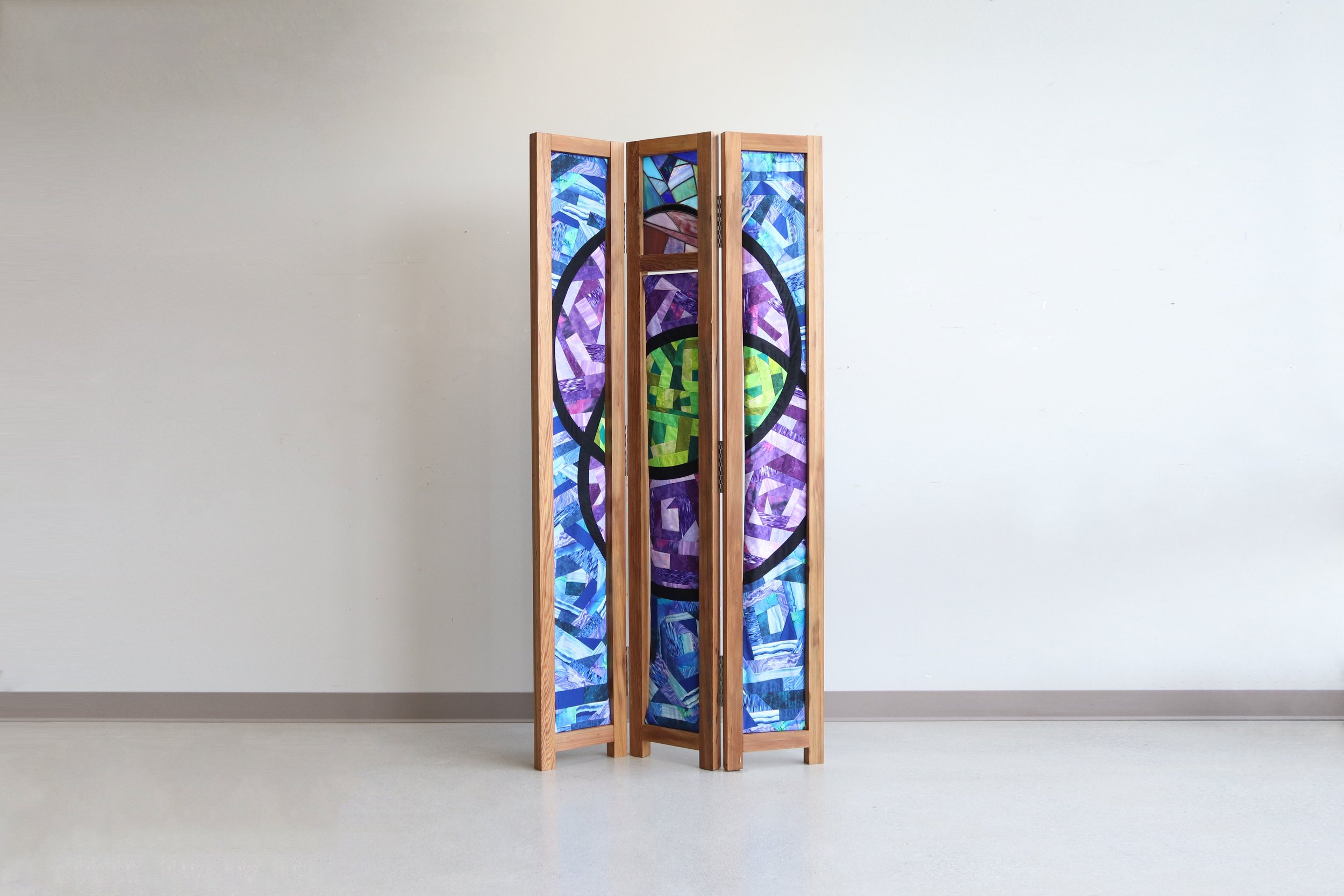 Room Divider, 2021, cypress wood, fabric, stained glass, metal hinges, 72 x 39 x 2 in.