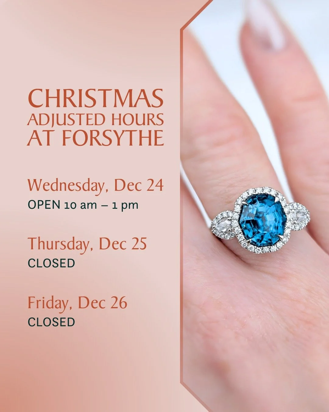 The magic of the season is in the air, and to savor it with our loved ones, our holiday hours will be adjusted as follows:

✨Wednesday, December 24th: Closing early at 1pm for Christmas Eve.

✨Thursday, December 25th &amp; Friday, December 26th: Clos
