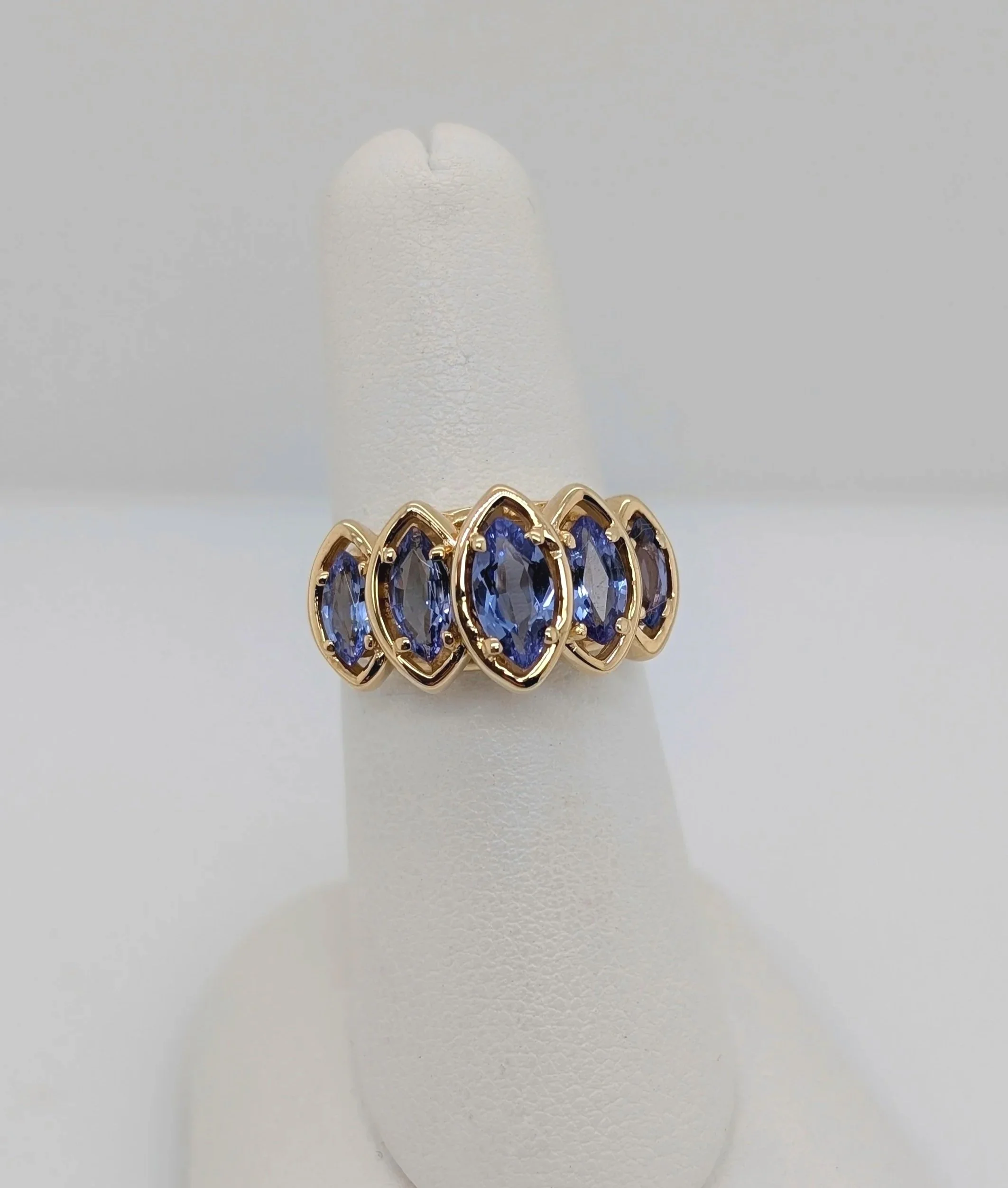 14k yellow gold five stone marquise cut tanzanite ring. Size 6.25. (200-2085)