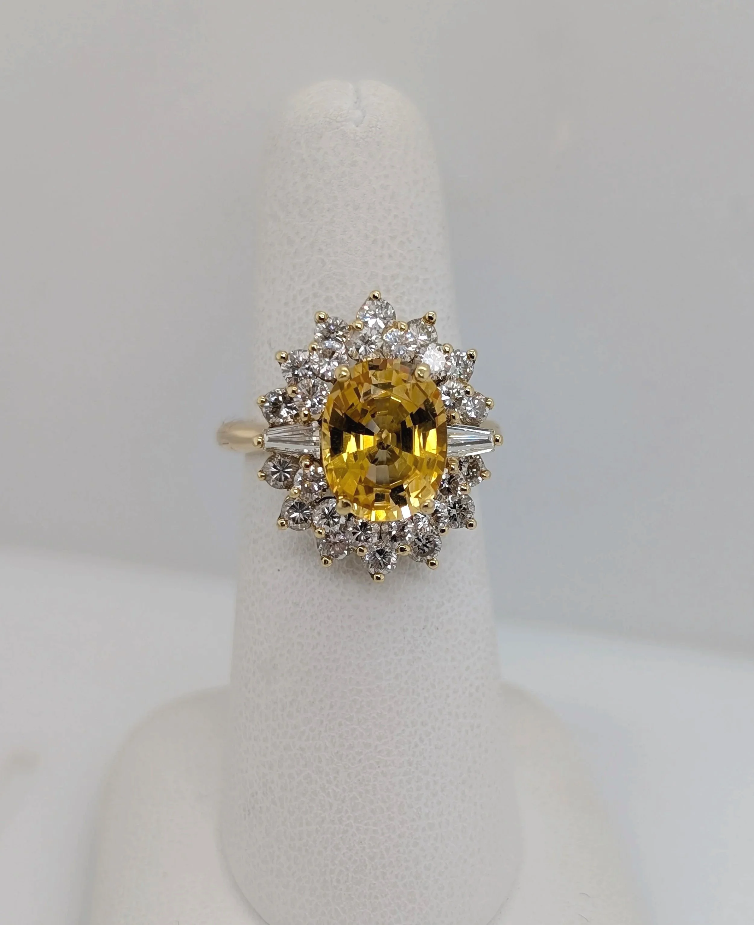 14k yellow gold untreated yellow sapphire ring with a diamond double halo. Size 6.25. (200-2094)