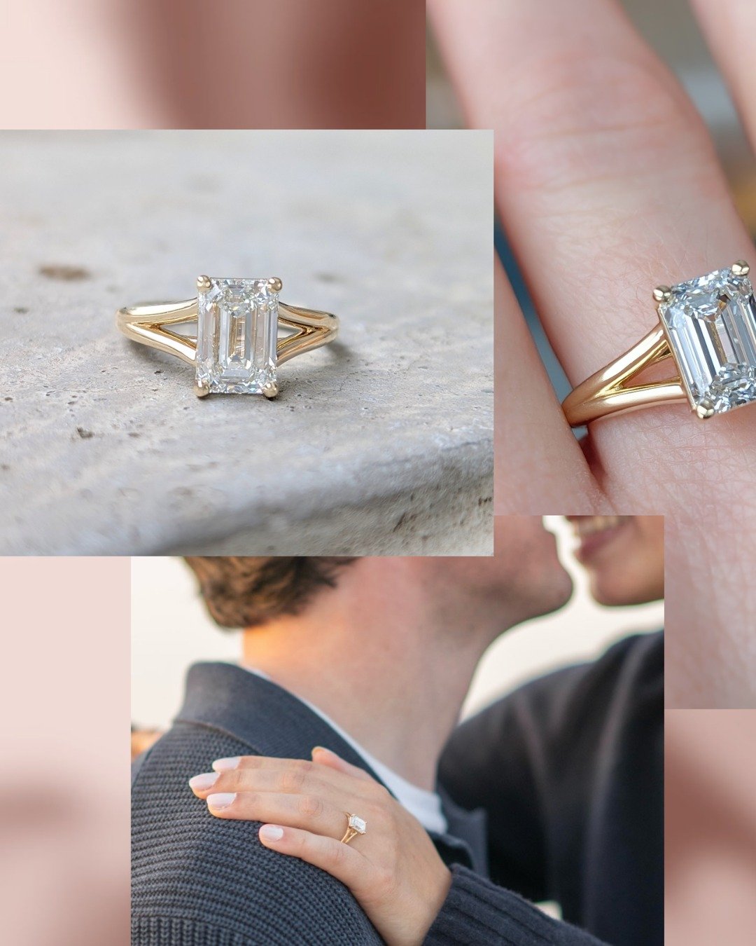 This couple came to us from out of town, but distance was never going to be the obstacle. 

She had a 2.89ct emerald cut lab diamond and a very specific vision: a split shank that still allowed a straight wedding band to sit flush alongside it. Two r