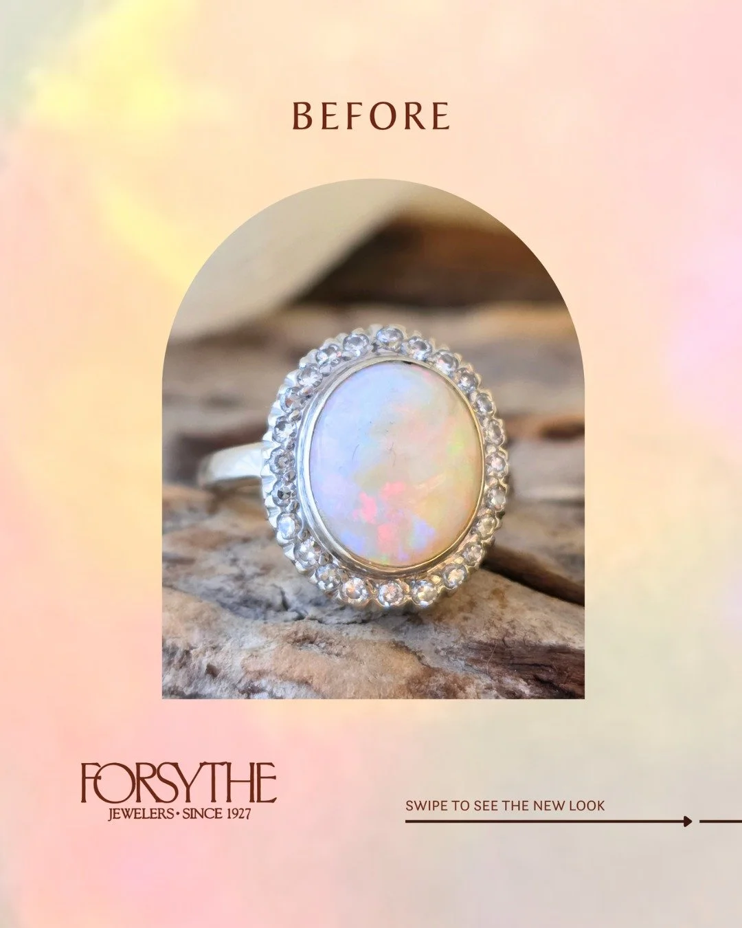 When our client brought in her ring, the opal at its heart had seen better days and she wasn't sure what to do about it. Matt's suggestion? Let's replace it!

We ordered in a range of opals so she could see her options in person. Initially, a strikin