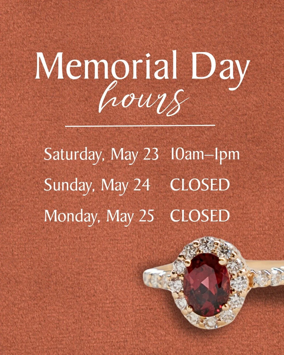 Quick heads up! We'll have some adjusted hours this Memorial Day:

Saturday, May 23: Closing at 1PM
Sunday, May 24: Closed
Monday, May 25: Closed

Wishing you a safe and happy Memorial Day weekend. Stop in before we close, or first thing Tuesday. We 