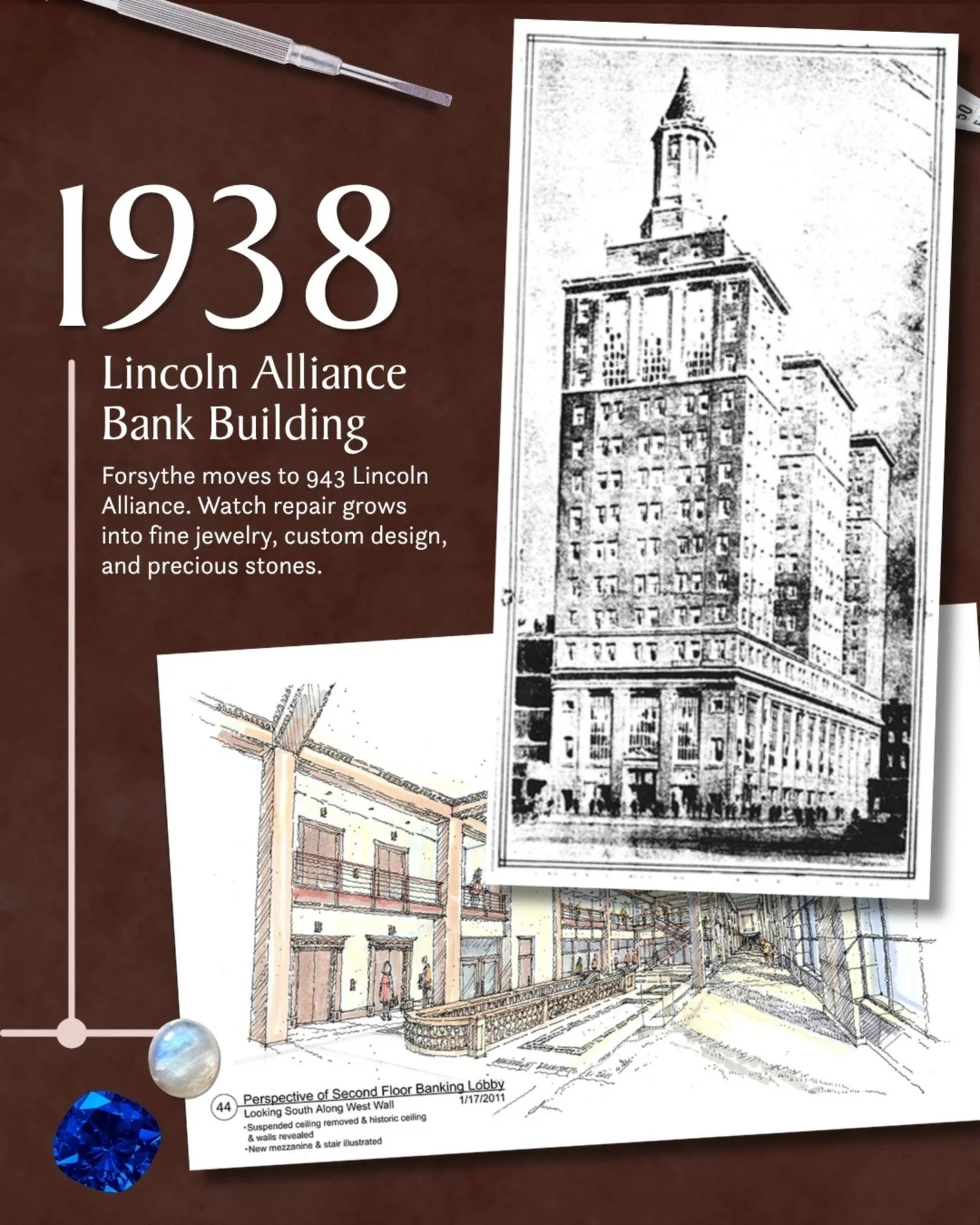 Eleven years after Bucky opened the doors at the Powers Building, Forsythe outgrew the space.

In 1938, Bucky moved the shop into the Lincoln Alliance Bank Building at 943. Forsythe stayed there for nearly a quarter century, and the work that started