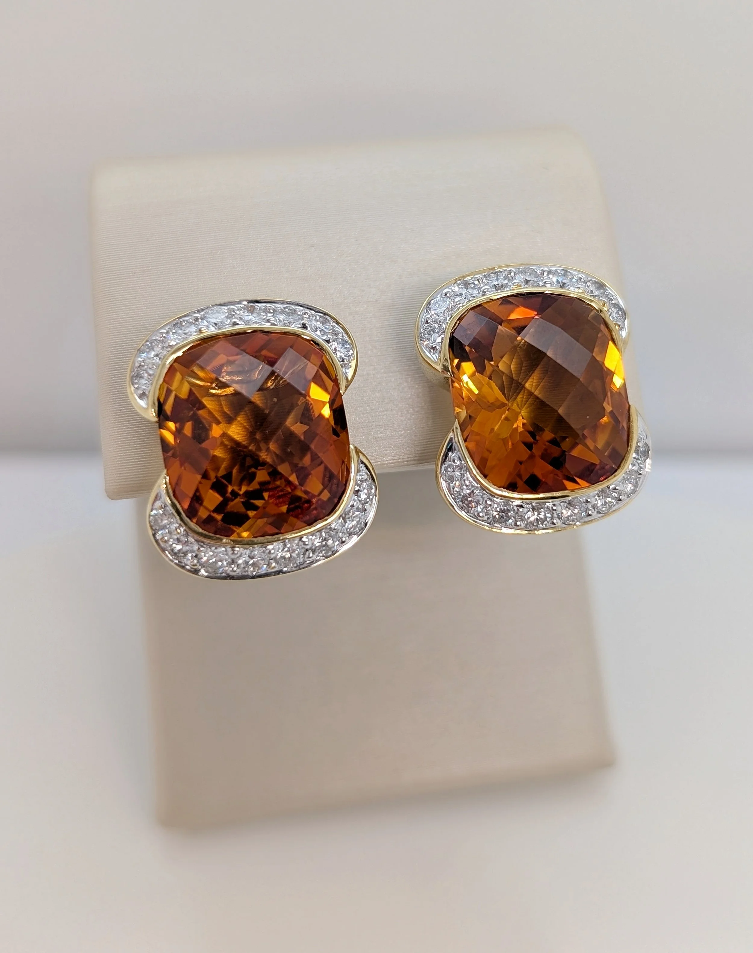 18k yellow gold checkerboard faceted cushion cut citrine clip-on earrings with partial diamond halos. (210-3723)