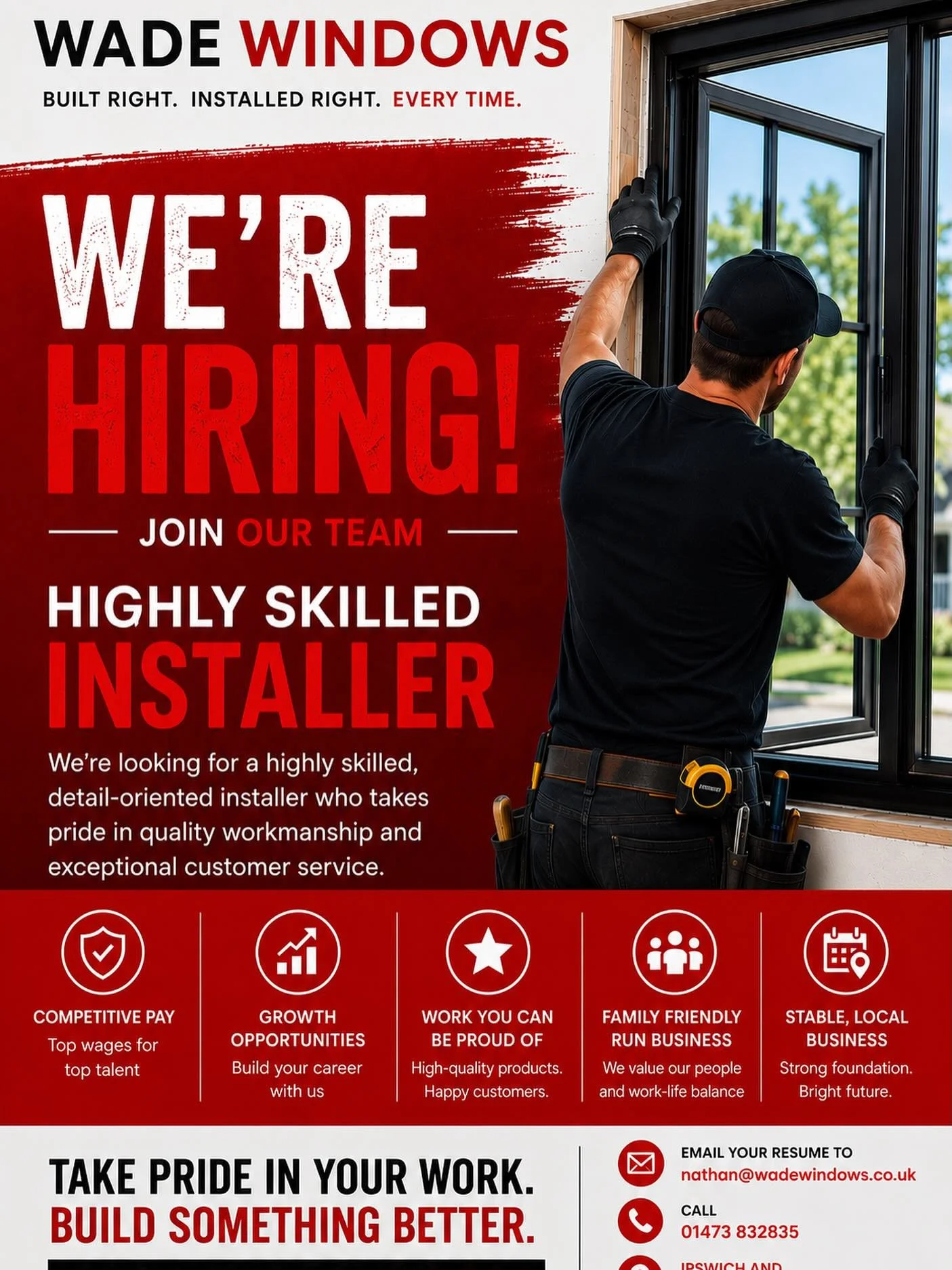 We&rsquo;re hiring.
Wade Windows is looking for a highly skilled installer to join our growing team.

✔️ Windows, doors &amp; conservatories
✔️ High standards &amp; attention to detail
✔️ Reliable, experienced &amp; customer-focused

If you take prid
