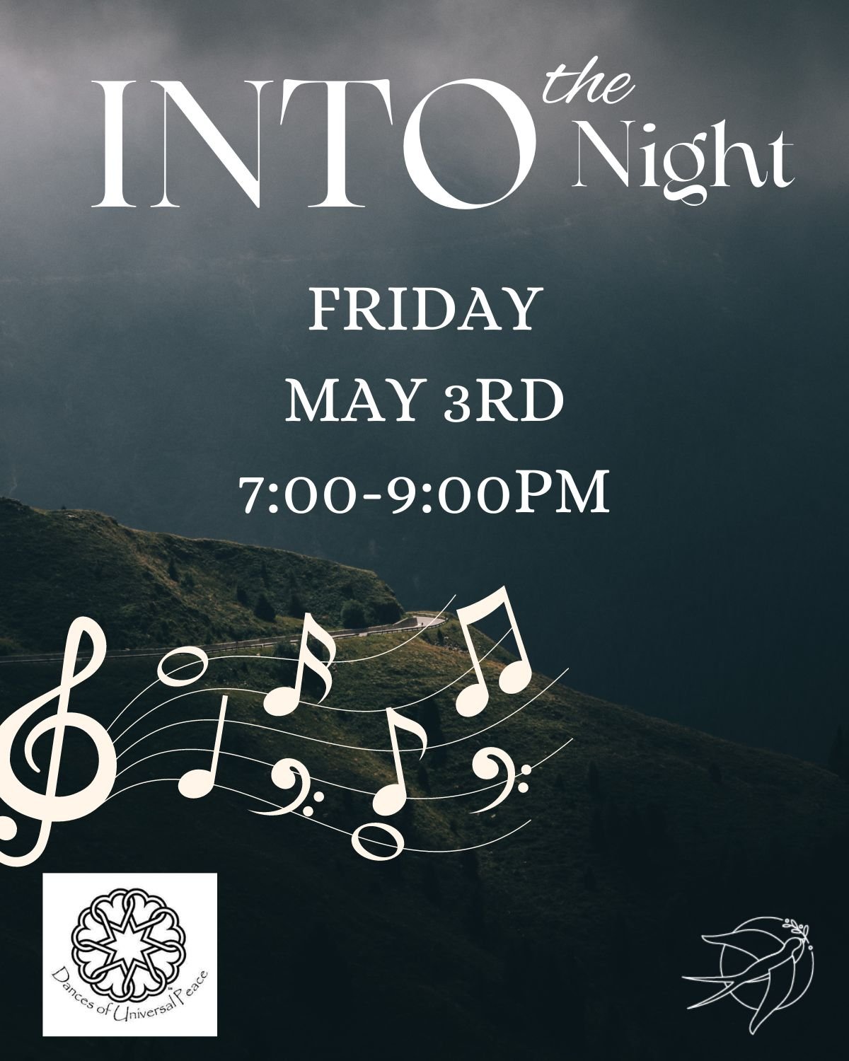 FRIDAY, MAY 3RD
7:00-9:00 PM
🌒
Join in for a celebratory 2-hour participatory musical offering. Dances of Universal Peace and Universal Kirtan into the night! These practices encourage sovereignty while sharing space with others and no experience is
