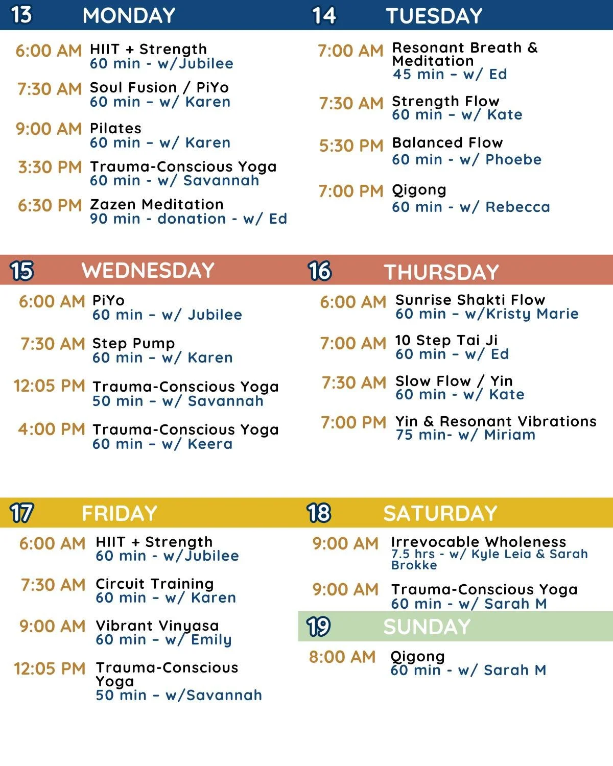 We welcome you this week! Please consider joining us 𝙞𝙣-𝙥𝙚𝙧𝙨𝙤𝙣 𝙤𝙧 𝙫𝙞𝙧𝙩𝙪𝙖𝙡𝙡𝙮 for our wide array of classes on Monday and Tuesday with :
🔥 Ed
💨 Jubilee
💧 Karen @krzimm63 
🌎 Savannah @tilly_inthehall 
💧 Kate @horvathkate 
💨 Phoe