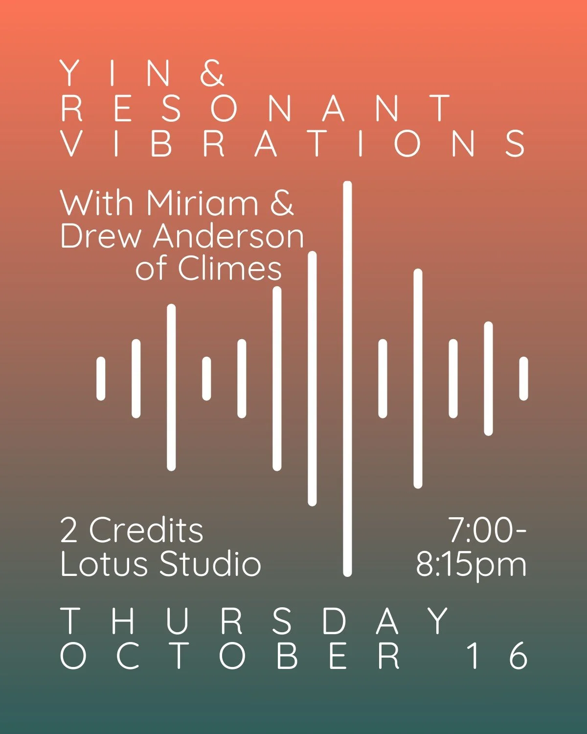 ✨💫 Specialty offerings for this week 💫✨

𝗬𝗶𝗻 &amp; 𝗥𝗲𝘀𝗼𝗻𝗮𝗻𝘁 𝗩𝗶𝗯𝗿𝗮𝘁𝗶𝗼𝗻𝘀
with Miriam Hanson and Drew Anderson
Thursday, October 16, 2025 
7:00 - 8:15 pm
@miribeach  @climesmusic 
✨This Yin &amp; Live Music practice encourages a j