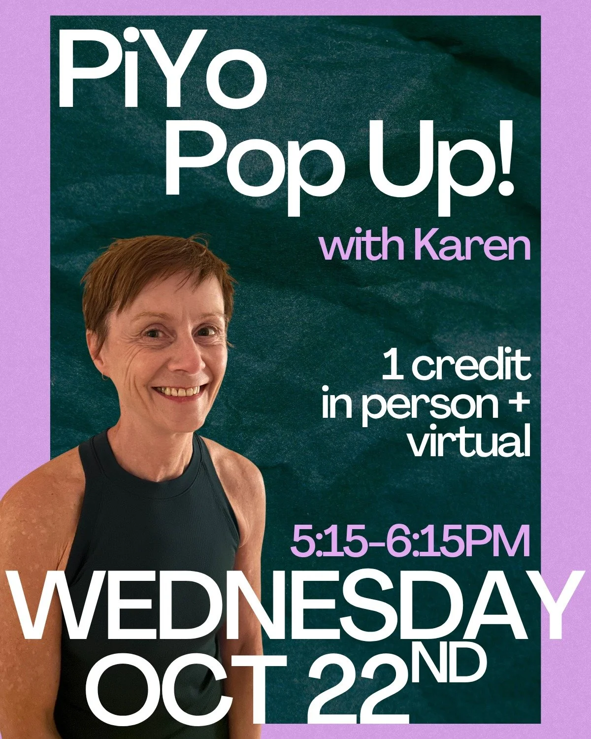 Special Pop-Up with Karen this week!🔥

𝗣𝗶𝗬𝗼 is a full body workout with yoga-inspired flows, pilates, short cardio bursts, balance sequences, and bodyweight and weighted strength training reminiscent of jazzercise. Synchronized to lively music y