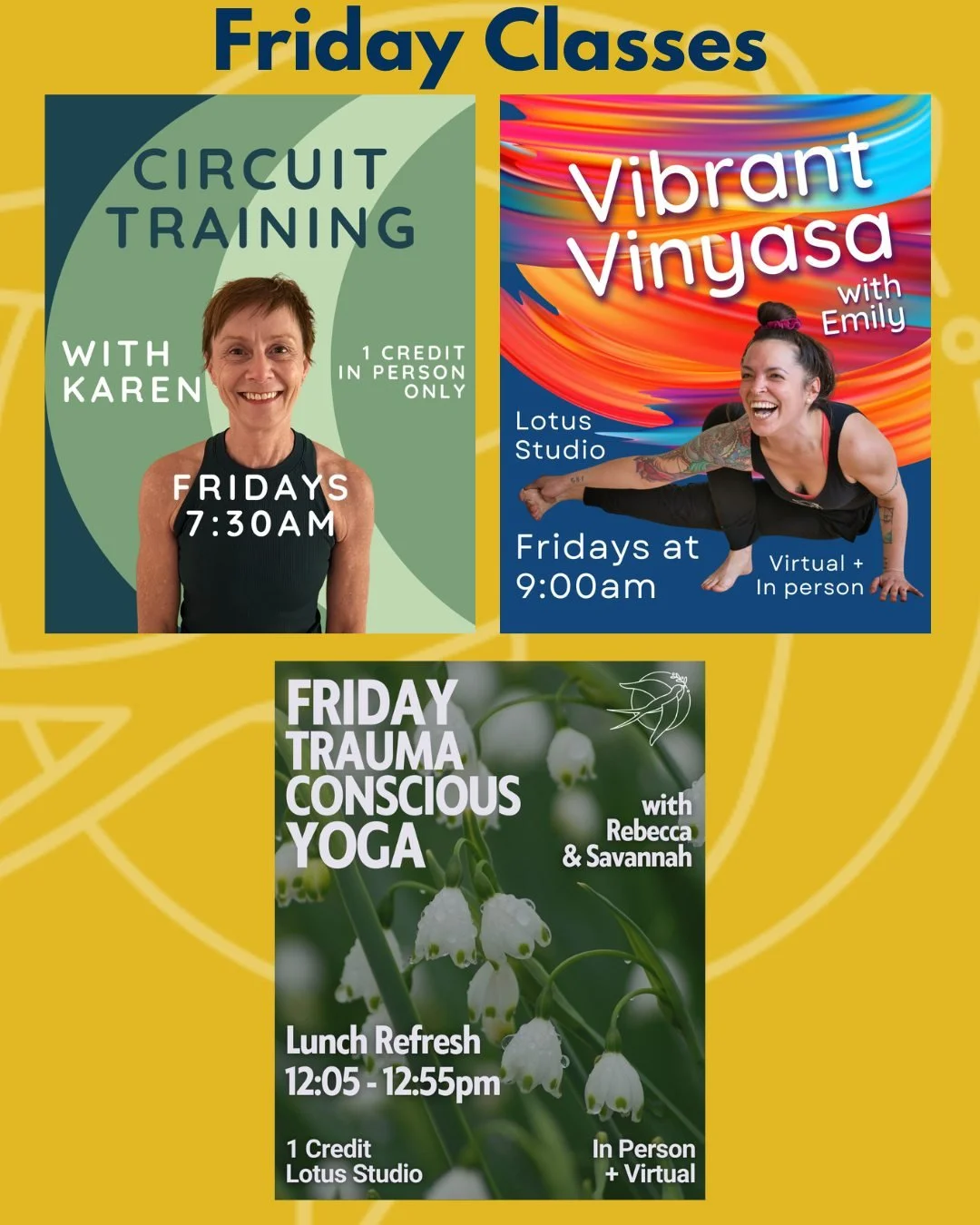 ❈ No classes on Thursday this week. ❈

We look forward to seeing you on Friday for Vibrant Vinyasa at 9am or Trauma Conscious Yoga at 12:05!

*Friday morning Circuit Training has been canceled this week*