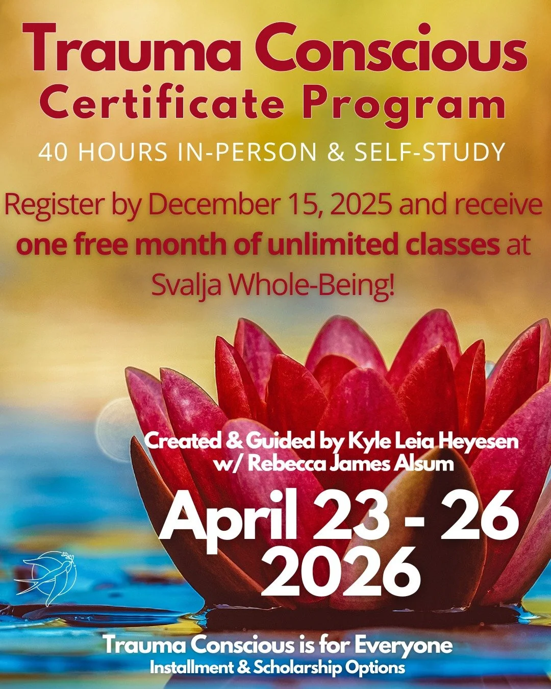 Last call to receive 🔺𝗼𝗻𝗲 𝗳𝗿𝗲𝗲 𝗺𝗼𝗻𝘁𝗵 𝗼𝗳 𝘂𝗻𝗹𝗶𝗺𝗶𝘁𝗲𝗱 𝗰𝗹𝗮𝘀𝘀𝗲𝘀🔺 at Sv&auml;lja!! 

𝗥𝗲𝗴𝗶𝘀𝘁𝗲𝗿 𝗳𝗼𝗿 𝗧𝗿𝗮𝘂𝗺𝗮 𝗖𝗼𝗻𝘀𝗰𝗶𝗼𝘂𝘀 𝗖𝗲𝗿𝘁𝗶𝗳𝗶𝗰𝗮𝘁𝗲 𝗣𝗿𝗼𝗴𝗿𝗮𝗺 𝗯𝘆 𝗗𝗲𝗰𝗲𝗺𝗯𝗲𝗿 𝟭𝟱𝘁𝗵 𝗳𝗼𝗿 𝘁𝗵𝗶𝘀