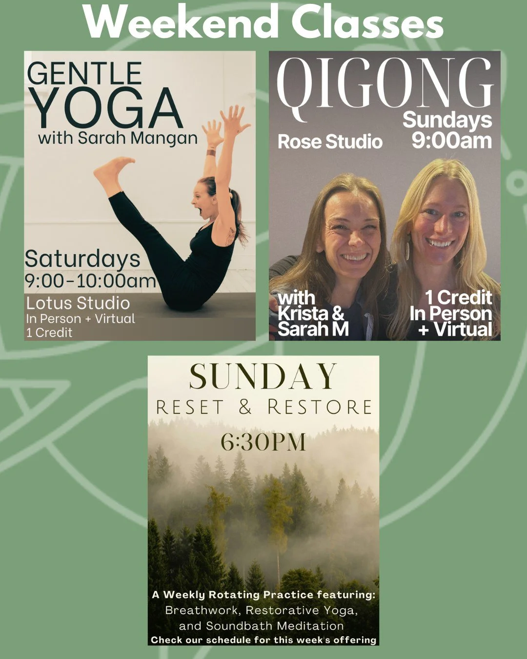 We would love to see you this weekend!

𖤓 Saturday morning: 𝗚𝗲𝗻𝘁𝗹𝗲 𝗬𝗼𝗴𝗮 with Sarah M
𖤓 Sunday morning: 𝗤𝗶𝗴𝗼𝗻𝗴 with Sarah M
𖤓 Sunday evening: 𝗦𝗼𝘂𝗻𝗱𝗯𝗮𝘁𝗵 𝗠𝗲𝗱𝗶𝘁𝗮𝘁𝗶𝗼𝗻 with Pau

@pausuarezgomis