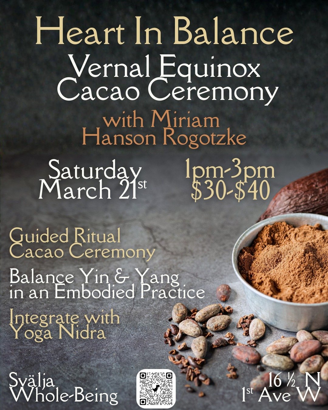 Join us for a 𝗩𝗲𝗿𝗻𝗮𝗹 𝗘𝗾𝘂𝗶𝗻𝗼𝘅 𝗖𝗮𝗰𝗮𝗼 𝗖𝗲𝗿𝗲𝗺𝗼𝗻𝘆, where we gather to honor the return of the light and the wisdom of the heart.

Receive a warm cup of ceremonial-grade cacao, paired with a personal mantra to carry through the sea