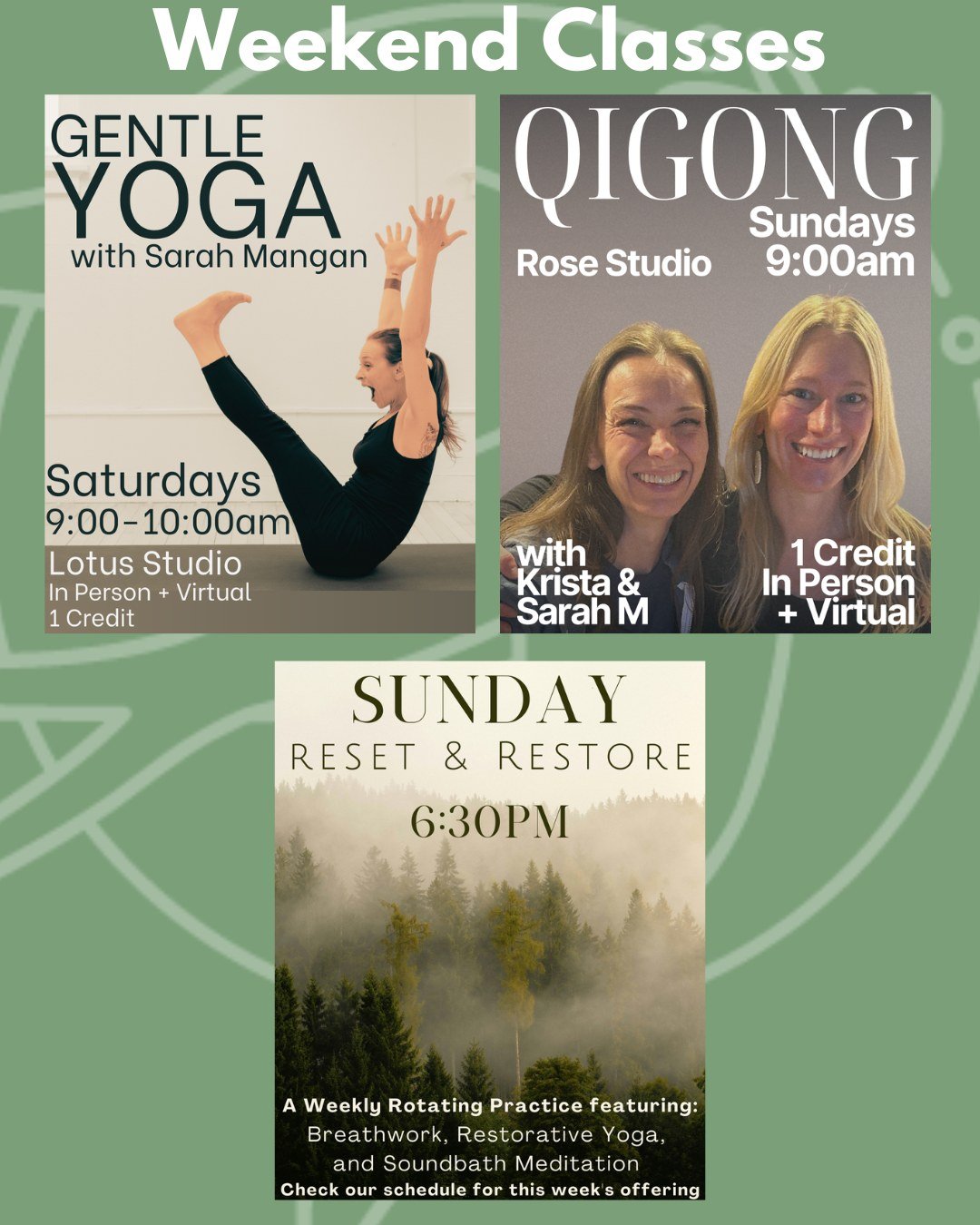 We would love to see you this weekend!

𖤓 Saturday morning: 𝗚𝗲𝗻𝘁𝗹𝗲 𝗬𝗼𝗴𝗮 with Sarah M
𖤓 Sunday morning: 𝗤𝗶𝗴𝗼𝗻𝗴 with Sarah M
𖤓 Sunday evening: 𝗦𝗼𝘂𝗻𝗱𝗯𝗮𝘁𝗵 𝗠𝗲𝗱𝗶𝘁𝗮𝘁𝗶𝗼𝗻 with Pau

@pausuarezgomis