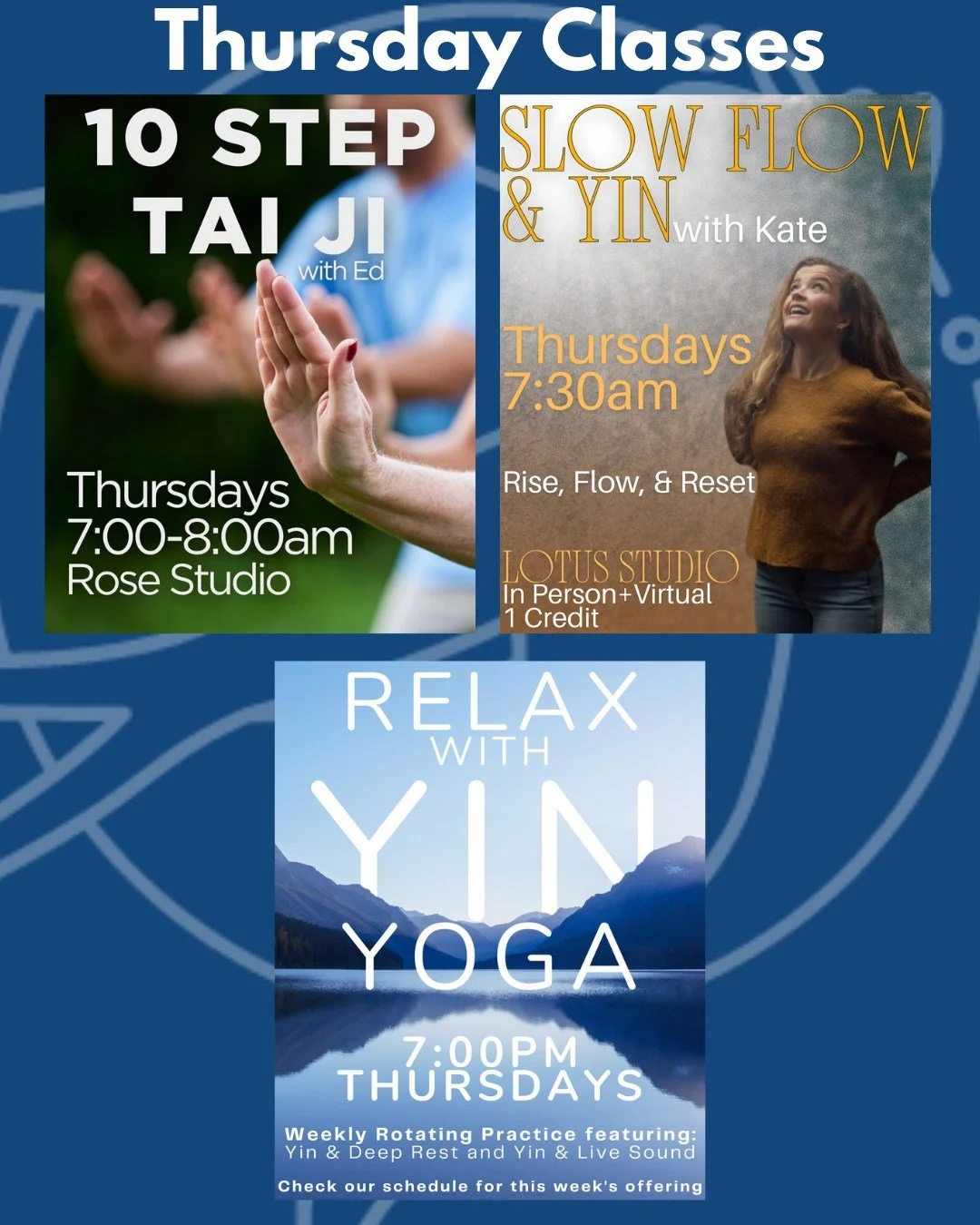 𝗧𝗵𝗶𝘀 𝗧𝗵𝘂𝗿𝘀𝗱𝗮𝘆!

⤞ 10-Step Tai Ji with Shaun Floerke
⤞ Slow Flow / Yin with Kate Horvath
⤞Yin &amp; Deep Rest with Melly Weidendorf