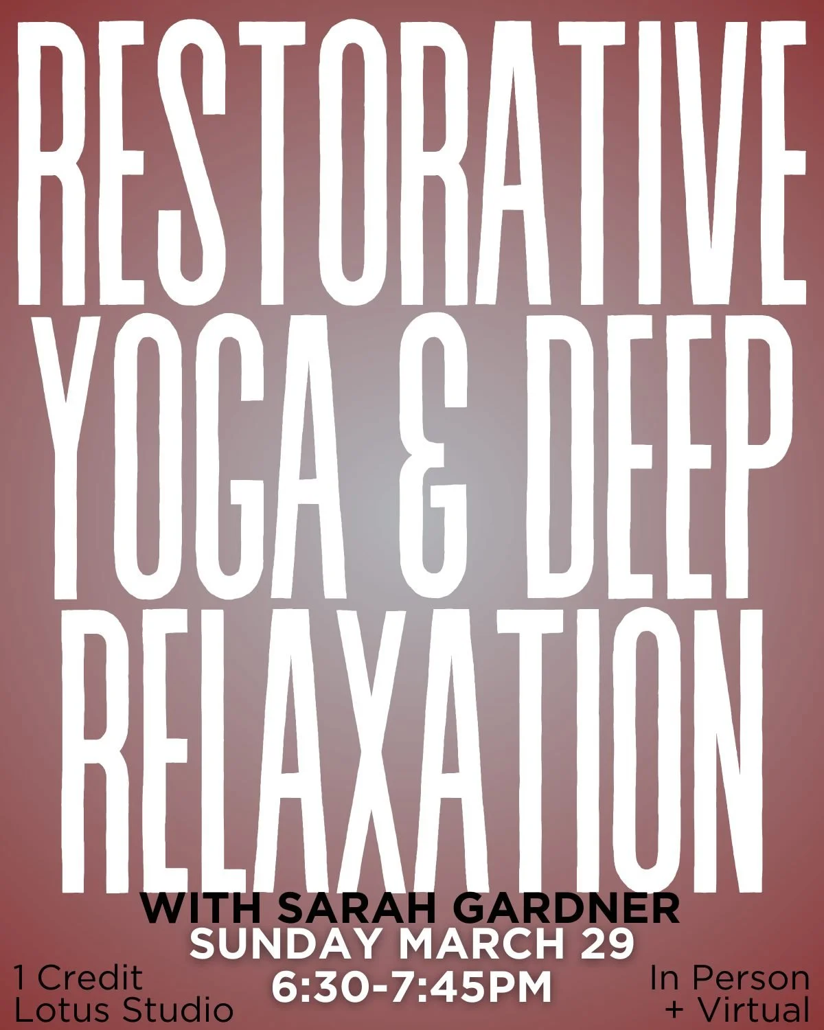 Join Sarah Gardner this Sunday for a restful journey through long-held shapes, using props to replace effort with ease and deep relaxation. Come practice the art of being held.
Sunday, March 29th
6:30-7:45 PM
More info + Register from schedule link i