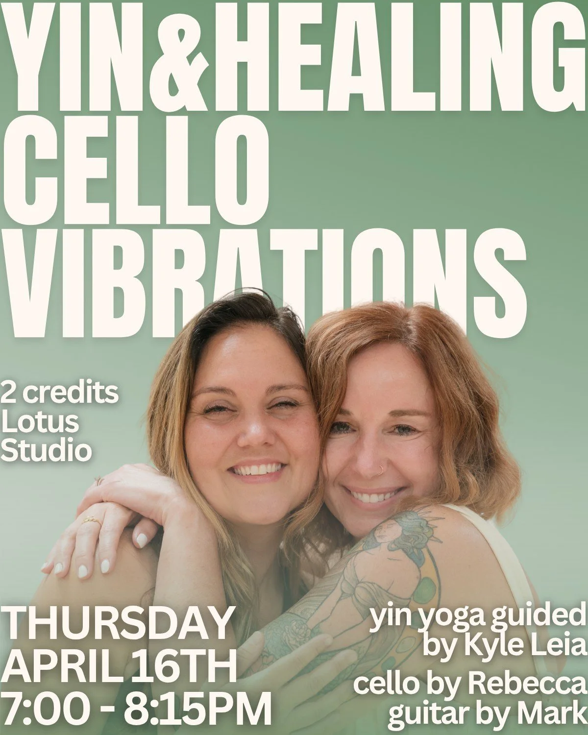 ❈ 𝗬𝗶𝗻 + 𝗖𝗲𝗹𝗹𝗼 𝗶𝗻 𝗔𝗽𝗿𝗶𝗹 ❈
This beautiful coupling of Yin and healing cello vibrations may awaken new awareness, insight, inner-connection (mind-body-spirit), and transformation.

Thursday
April 16th
7-8:15PM

More info + register from l