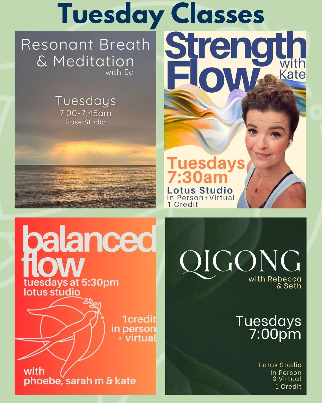 Tuesday:
𝗥𝗲𝘀𝗼𝗻𝗮𝗻𝘁 𝗕𝗿𝗲𝗮𝘁𝗵 &amp; 𝗠𝗲𝗱𝗶𝘁𝗮𝘁𝗶𝗼𝗻 with Ed
𝗦𝘁𝗿𝗲𝗻𝗴𝘁𝗵 𝗙𝗹𝗼𝘄 with Kate
𝗕𝗮𝗹𝗮𝗻𝗰𝗲𝗱 𝗙𝗹𝗼𝘄 with Sarah M
𝗤𝗶𝗴𝗼𝗻𝗴 with Seth
More info + register from link in bio