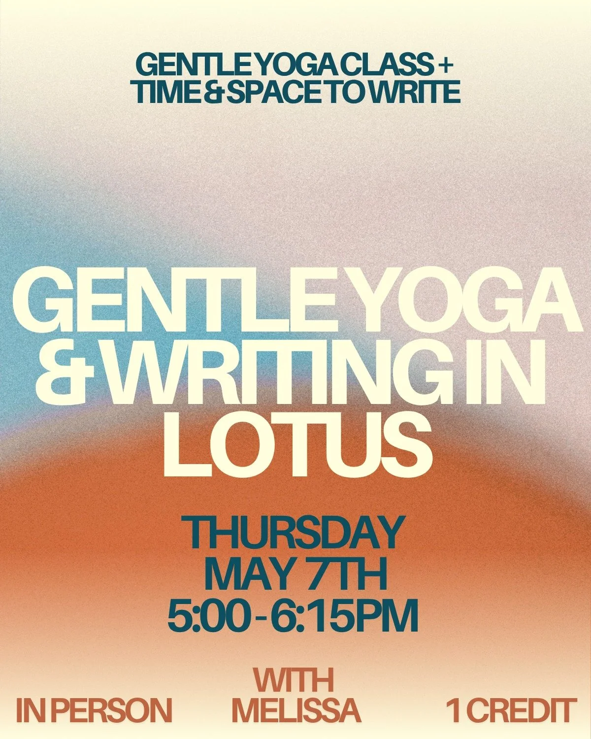 Melissa would love to have you join her for an evening of gentle, slow yoga postures followed by grounding exercises, short readings, and writing prompts. There will be time for free writing with the option to share writing or experiences.

More info