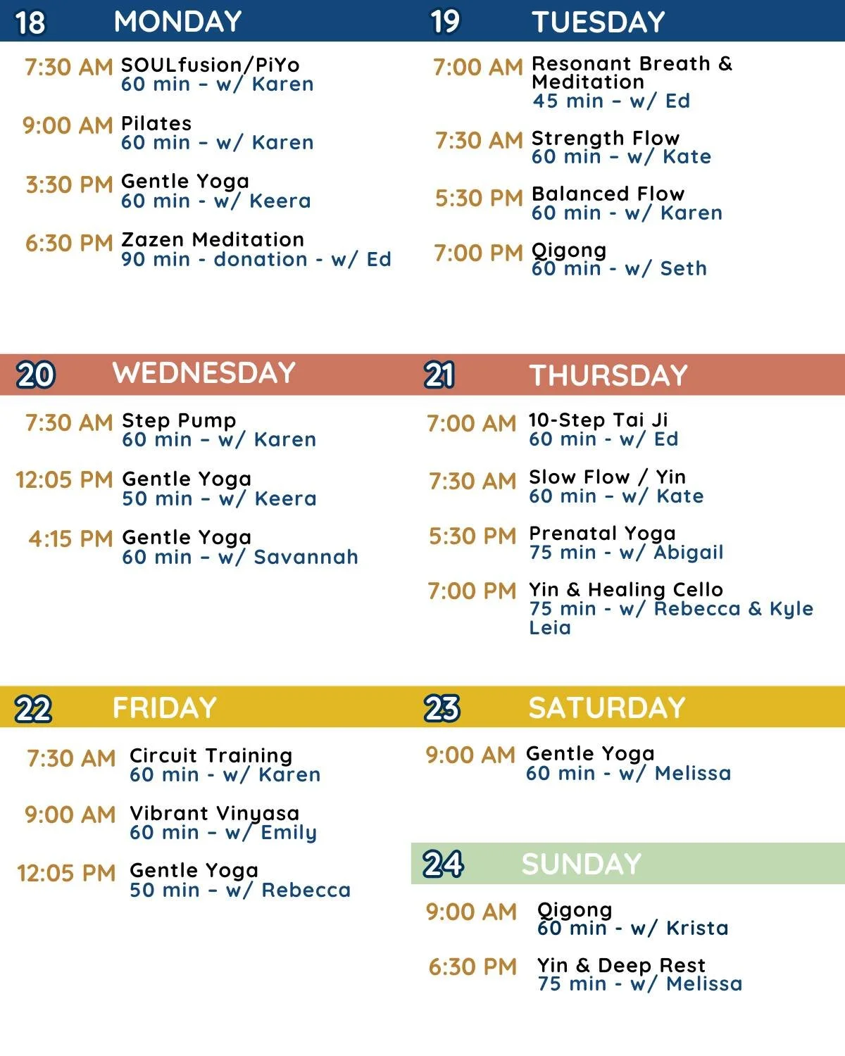 What is in store for this coming week? Lots...lots!

There will be so many opportunities to pump up your heart rate with high-energy, dancy vibes, all the way down to the low, slow, and restorative frequencies of Yin accompanied by resonant cello vib