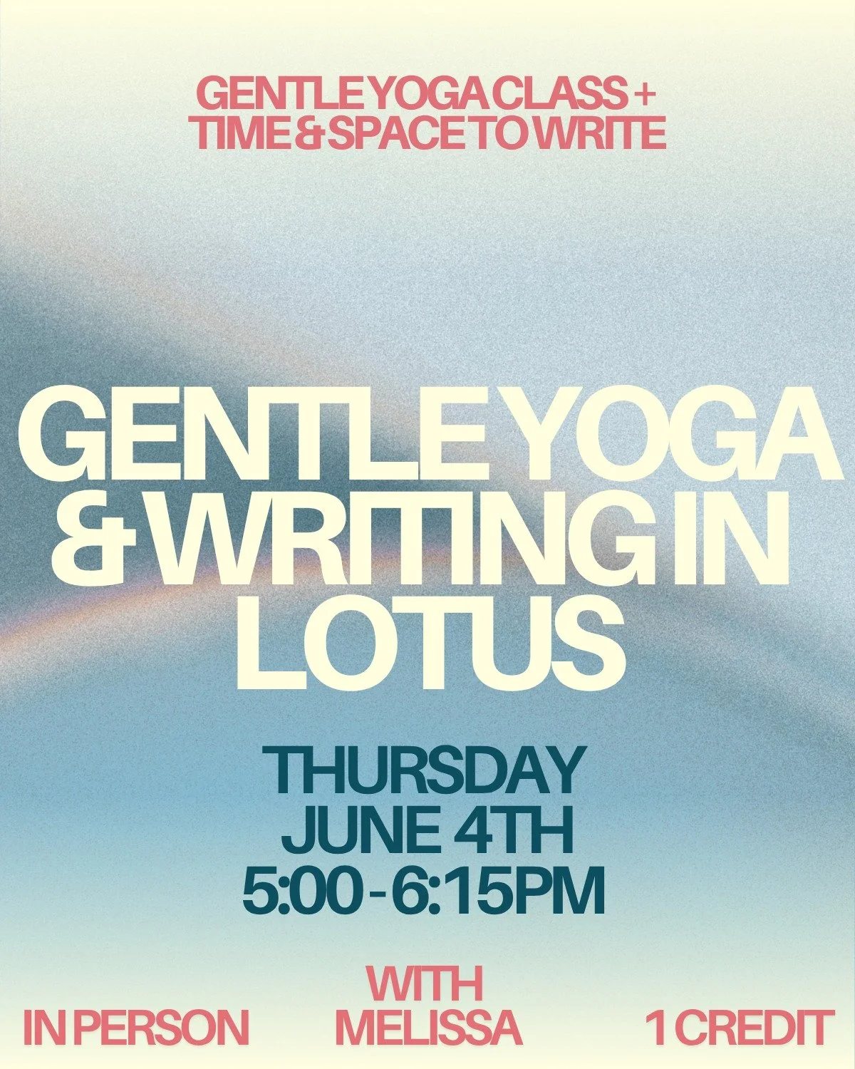 𝗠𝗲𝗹𝗶𝘀𝘀𝗮 𝘄𝗼𝘂𝗹𝗱 𝗹𝗼𝘃𝗲 𝘁𝗼 𝗵𝗮𝘃𝗲 𝘆𝗼𝘂 𝗷𝗼𝗶𝗻 𝗵𝗲𝗿!

This monthly guided yoga and writing session combines gentle movement with a creative writing practice to help you connect with your body and mind.

Thursday, June 4th
5:00-6:1