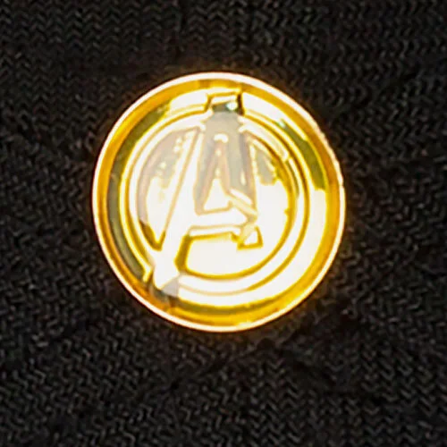 The Avenger’s A logo button on the Iron Man cap is made of gold plated metal with clear epoxy on top. Iron Man was the first film to kick off the Infinity Saga so it seemed fitting to incorporate the A onto the hat.