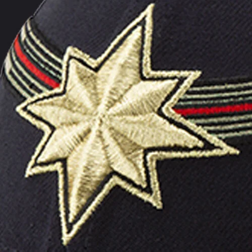 The star logo on Captain Marvels chest was faithfully recreated on the front of this cap by using a raised bevel embroidery technique. Its a great technique that looks great from every angle.