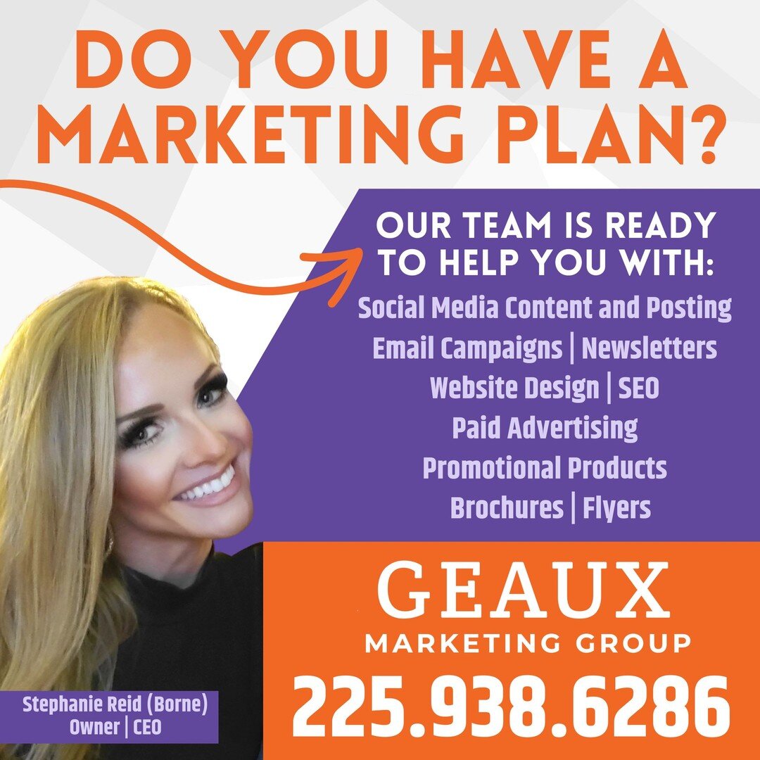 🧡 Do you have a Marketing Plan for your small business? If not, let us help you! We can prepare a plan that works for YOU and YOUR budget! 

➡️ We offer FREE consultations to all small business owners - CALL US today!! 225.938.6286

www.geauxmarketi