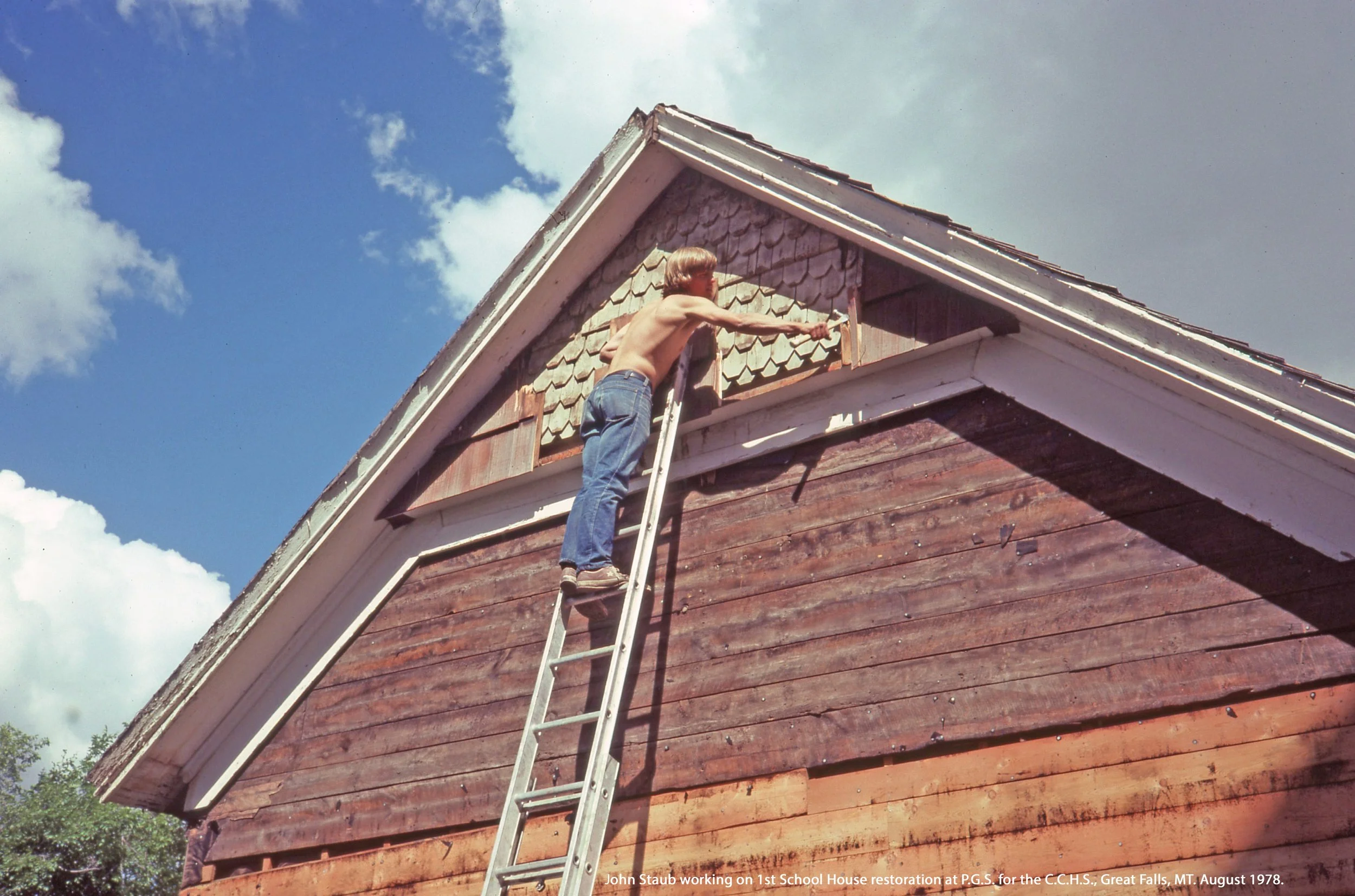 Restoration work, John Staub on ladder [2025.035]