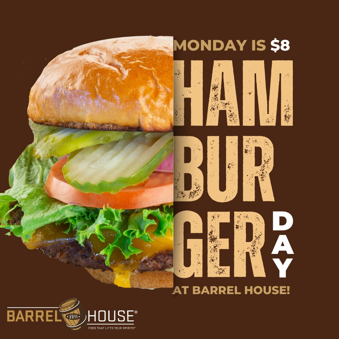 Monday night means burger night at Barrel House! Stop in and enjoy our Barrel Burger &amp; Fries for just $8 from 6pm-close.