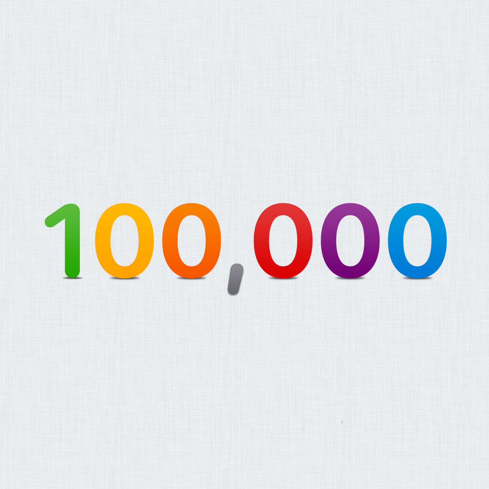 ภาพเลข 100,000 สีเขียว สีเหลือง สีส้ม สีแดง สีม่วง และสีน้ำเงิน พื้นหลังผ้าลินิน