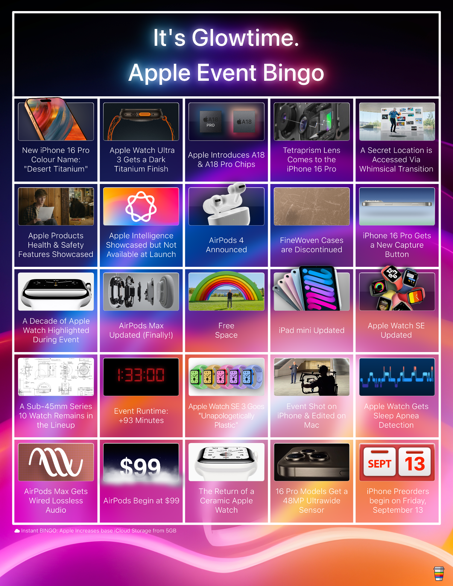 It's Glowtime Apple Event Bingo — Basic Apple Guy