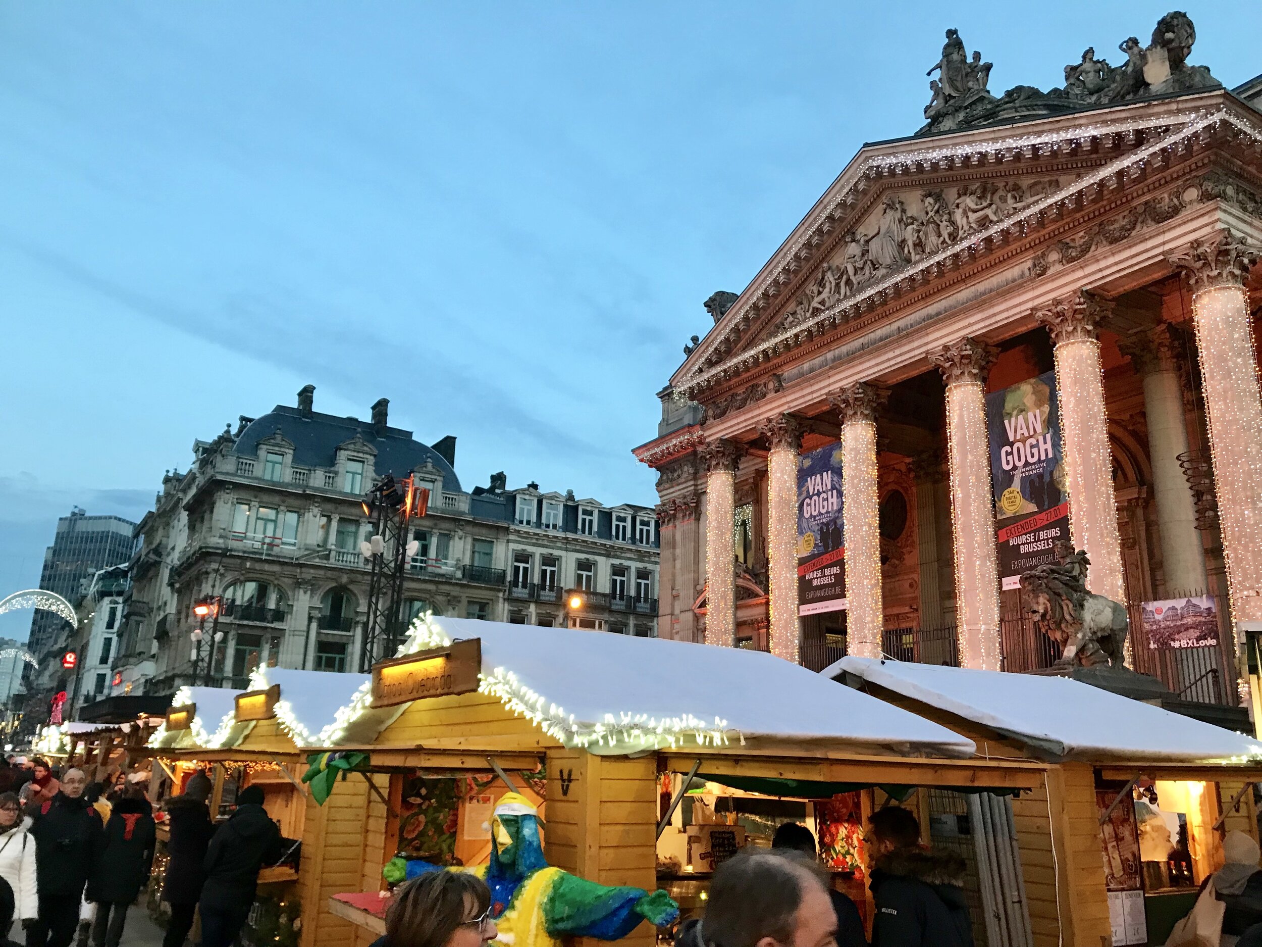 La Bourse de Bruxelles is a beautiful backdrop for a Christmas market in Belgium. The pillars are truly impressive, especially when covered in Christmas lights. 