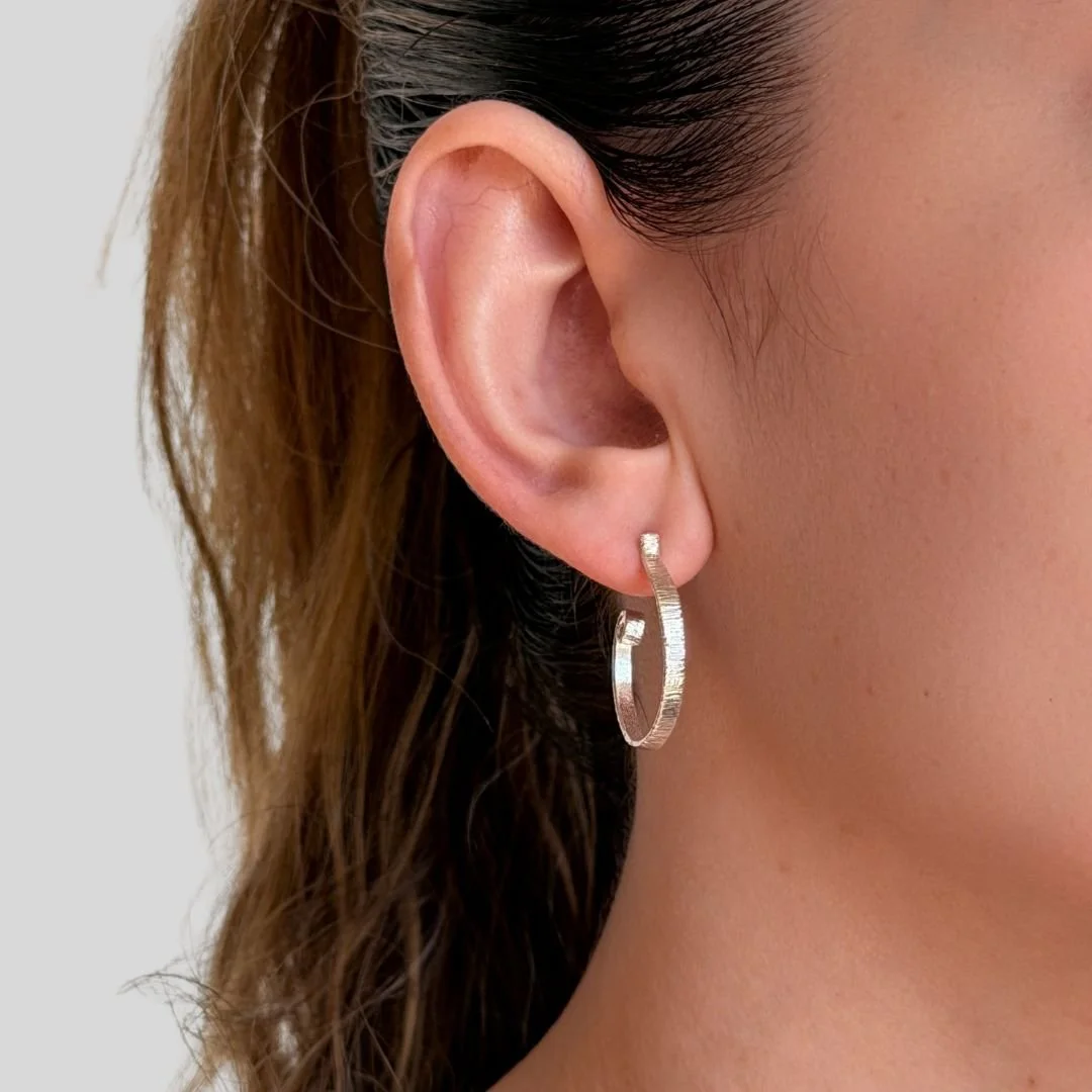 Spiral Textured Hoops in Sterling Silver Worn.jpg