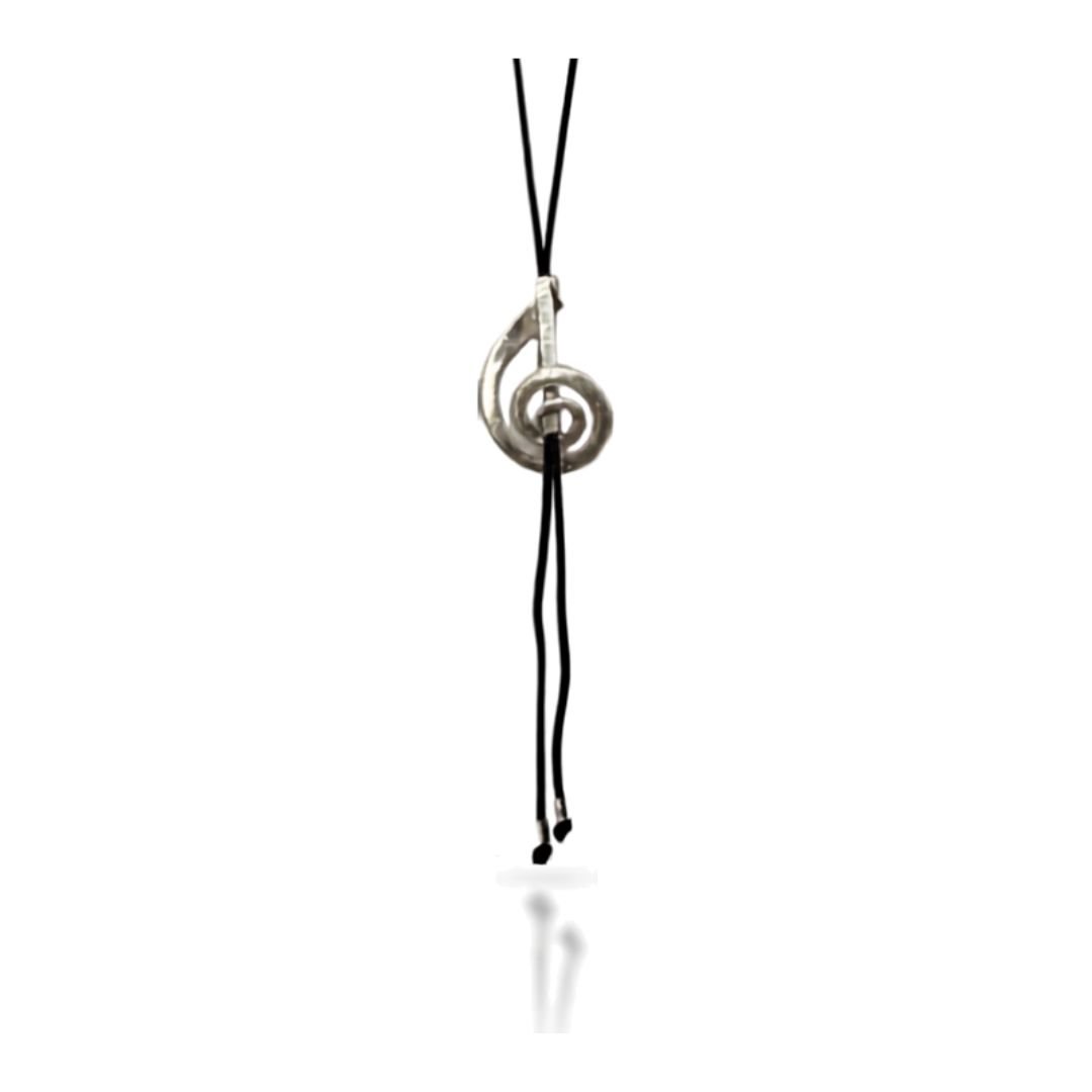 Sterling silver treble clef bolo necklace worn at full length