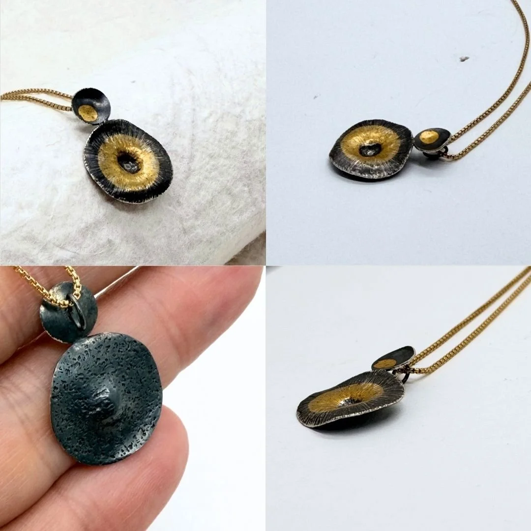 Front, side and back views of the Echo mixed metal pendant