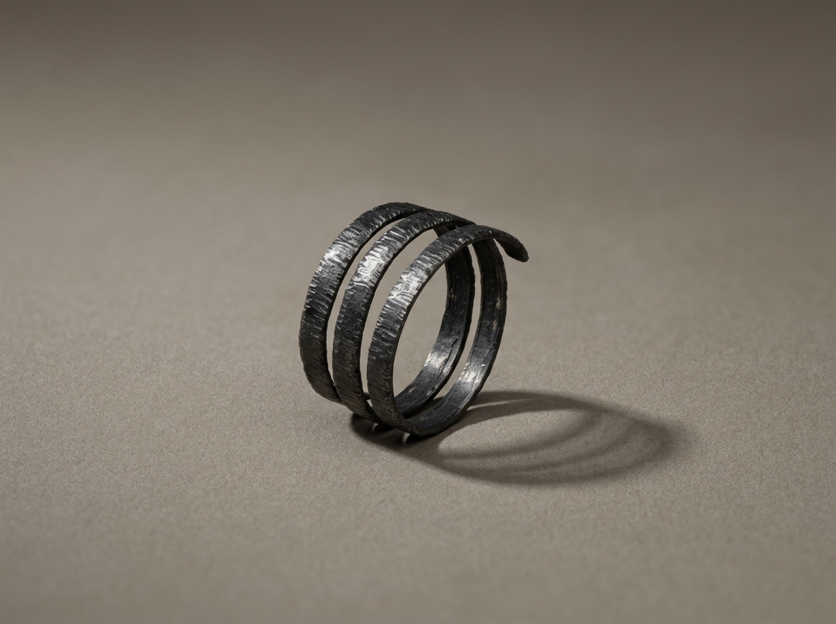 Adjustable oxidized sterling silver spiral ring shown from the side